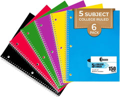 Subject Notebook, 5 Subject, College Ruled, 300 Pages (150 Sheets) Per Book, Soft Cover