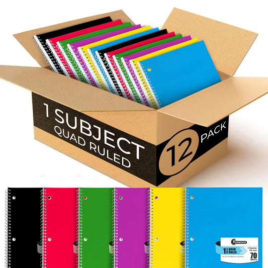 Subject Notebook, 1 Subject, Quad Ruled, 140 Pages (70 Sheets) Per Book, Soft Cover