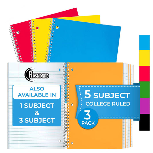 Subject Notebook, 5 Subject, College Ruled, 300 Pages (150 Sheets) Per Book, Soft Cover