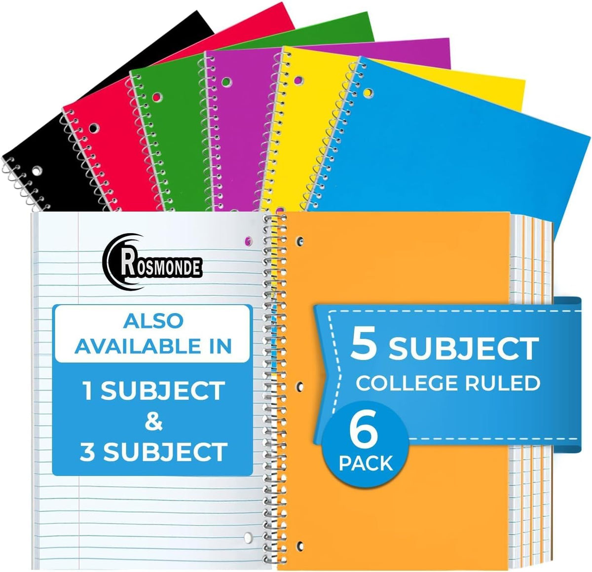 Subject Notebook, 5 Subject, College Ruled, 300 Pages (150 Sheets) Per Book, Soft Cover