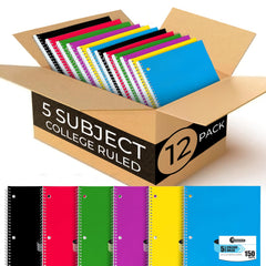 Subject Notebook, 5 Subject, College Ruled, 300 Pages (150 Sheets) Per Book, Soft Cover