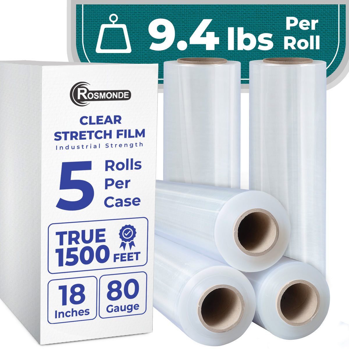True 1500 Ft Stretch Wrap, 18" Wide, 80 Gauge Thick, Industrial Strength Film, Clear