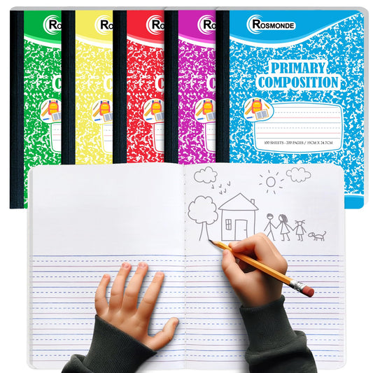 Composition Notebook, Primary Ruled, Draw and Write Journal, 200 Pages (100 Sheets) Per Book, Hard Cover