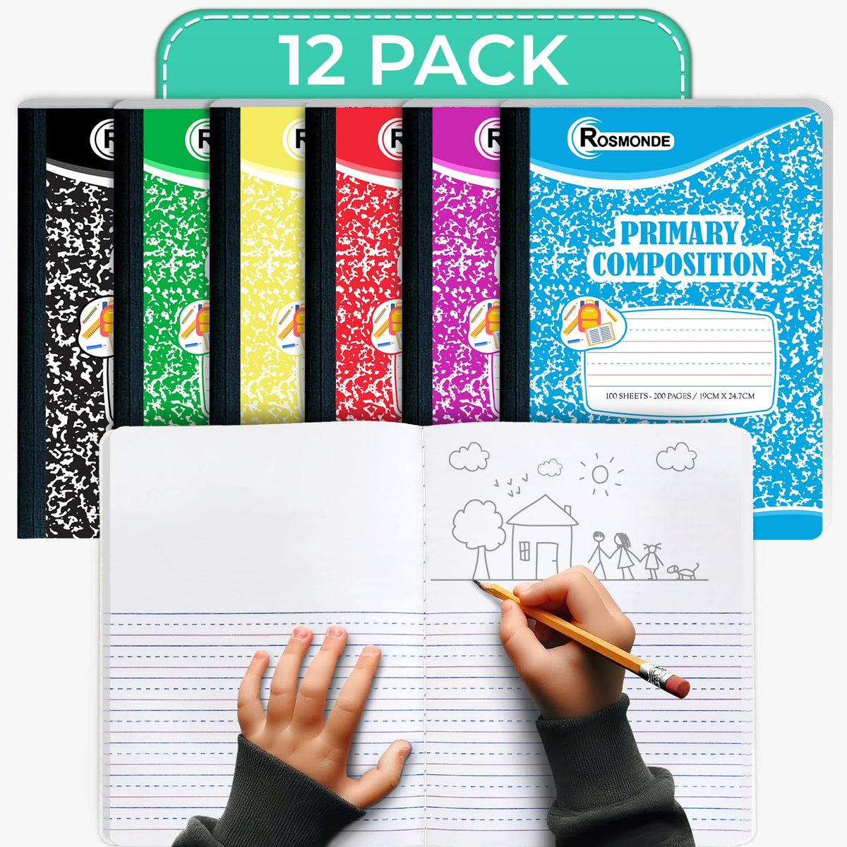 Composition Notebook, Primary Ruled, Draw and Write Journal, 200 Pages (100 Sheets) Per Book, Hard Cover