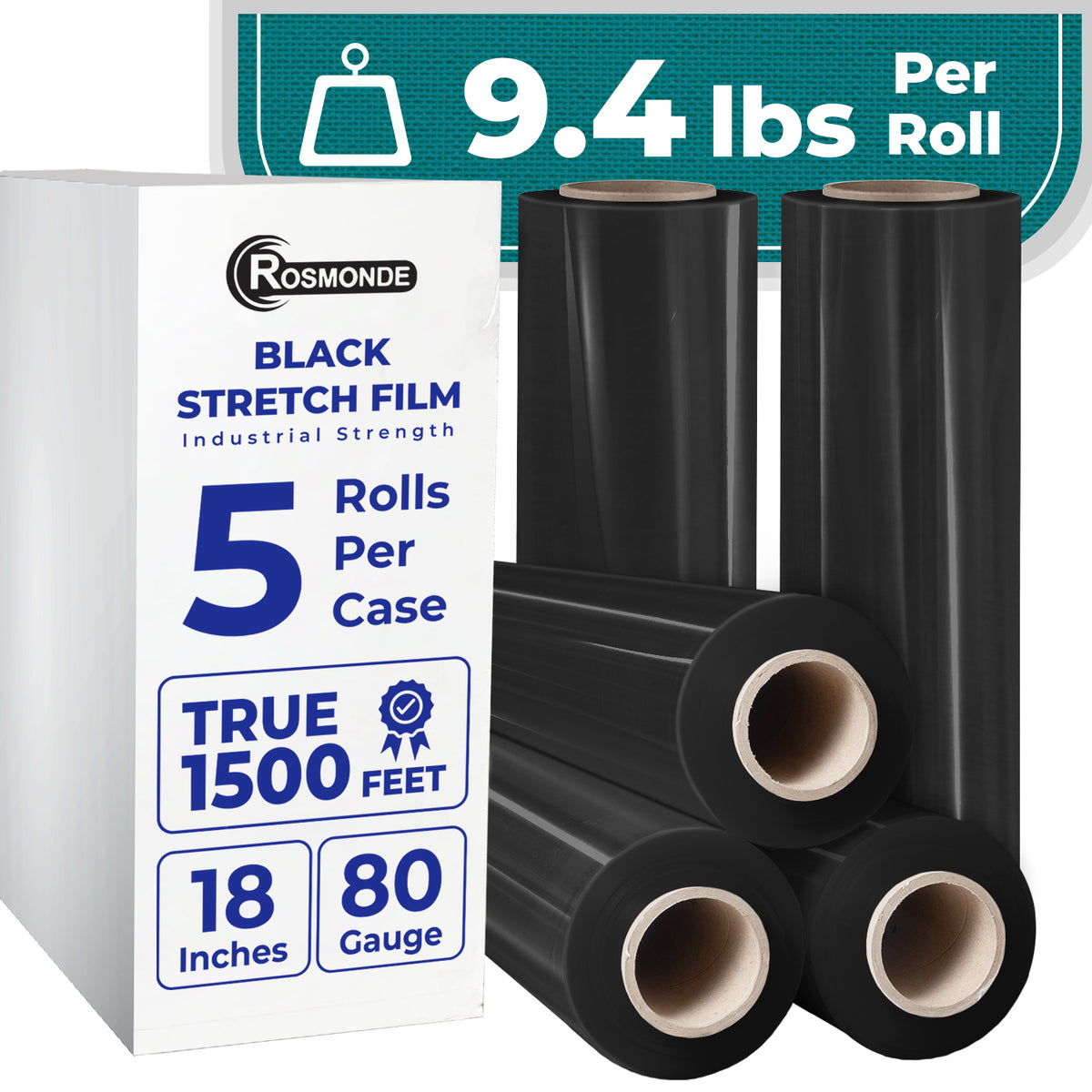 True 1500 Ft Stretch Wrap, 18" Wide, 80 Gauge Thick, Industrial Strength Film, Black