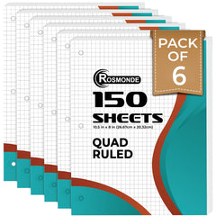 Loose Leaf Paper, Quad Ruled, 8" x 10.5", Filler Paper, 56 GSM Thick Paper, 3 Hole-Punched, 150 Sheets/Pack