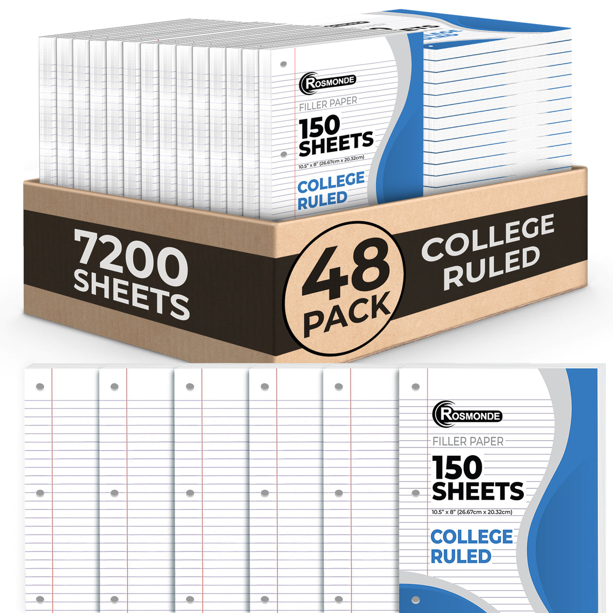 Loose Leaf Paper, College Ruled, 8" x 10.5", Filler Paper, 56 GSM Thick Paper, 3 Hole-Punched, 150 Sheets/Pack