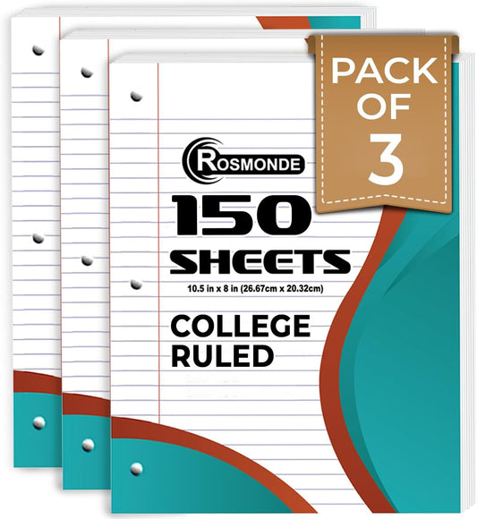 Loose Leaf Paper, College Ruled, 8" x 10.5", Filler Paper, 56 GSM Thick Paper, 3 Hole-Punched, 150 Sheets/Pack