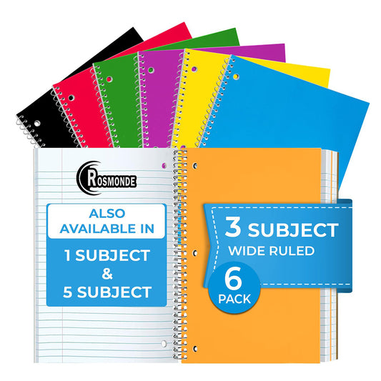Subject Notebook, 3 Subject, Wide Ruled, 300 Pages (150 Sheets) Per Book, Soft Cover