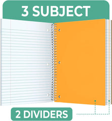 Subject Notebook, 3 Subject, Wide Ruled, 300 Pages (150 Sheets) Per Book, Soft Cover