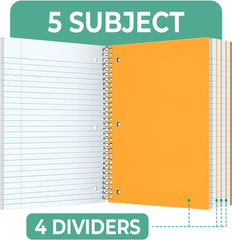 Subject Notebook, 5 Subject, Wide Ruled, 300 Pages (150 Sheets) Per Book, Assorted Plastic Cover