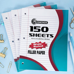 Loose Leaf Paper, Wide Ruled, 8" x 10.5", Filler Paper, 56 GSM Thick Paper, 3 Hole-Punched, 150 Sheets/Pack