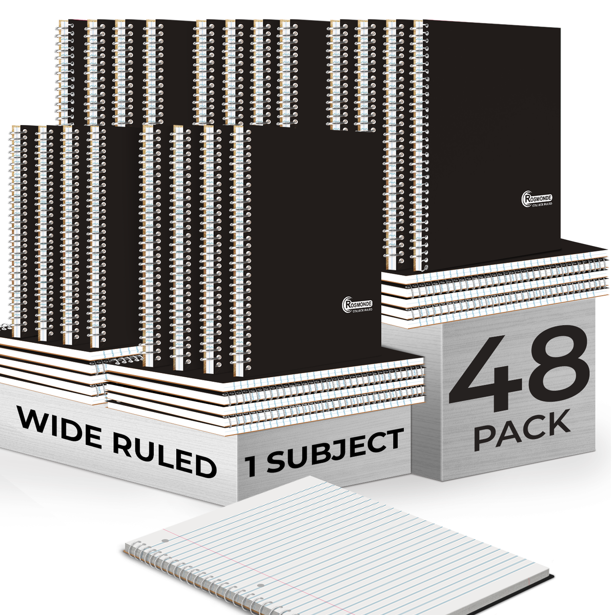 Subject Notebook, 1 Subject, College Ruled, 140 Pages (70 Sheets) Per Book, Black Plastic Cover