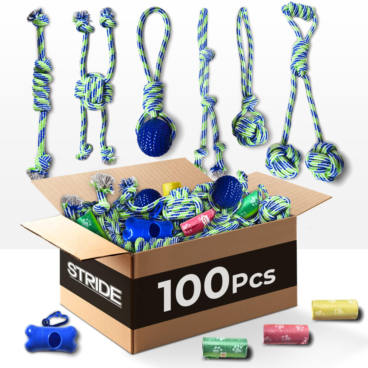 Stride Dog Chew Toys, Pack of 100, Cute Dog Rope Toys with Soft Rubber, Small & Medium Dogs